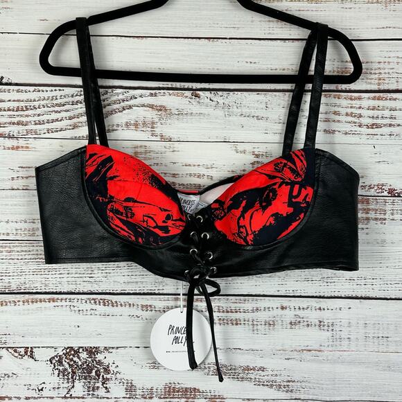 Womens NWT Princess Polly XX Main Stage Crop Top Red Black Corset Lace Up Sz 12 - Picture 1 of 7